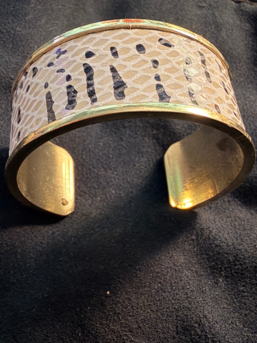 Black, Tan and White Snakeskin Vegan Leather and Gold Cuff Bracelet